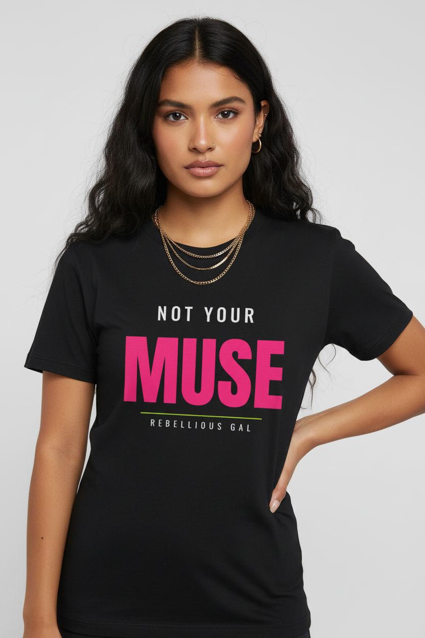 Woman in the black Not Your Muse crew neck tee with gold chains, hand on hip