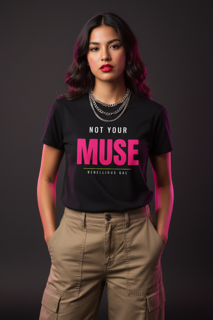 Woman with dark waves in the black Not Your Muse crew neck tee and cargo pants