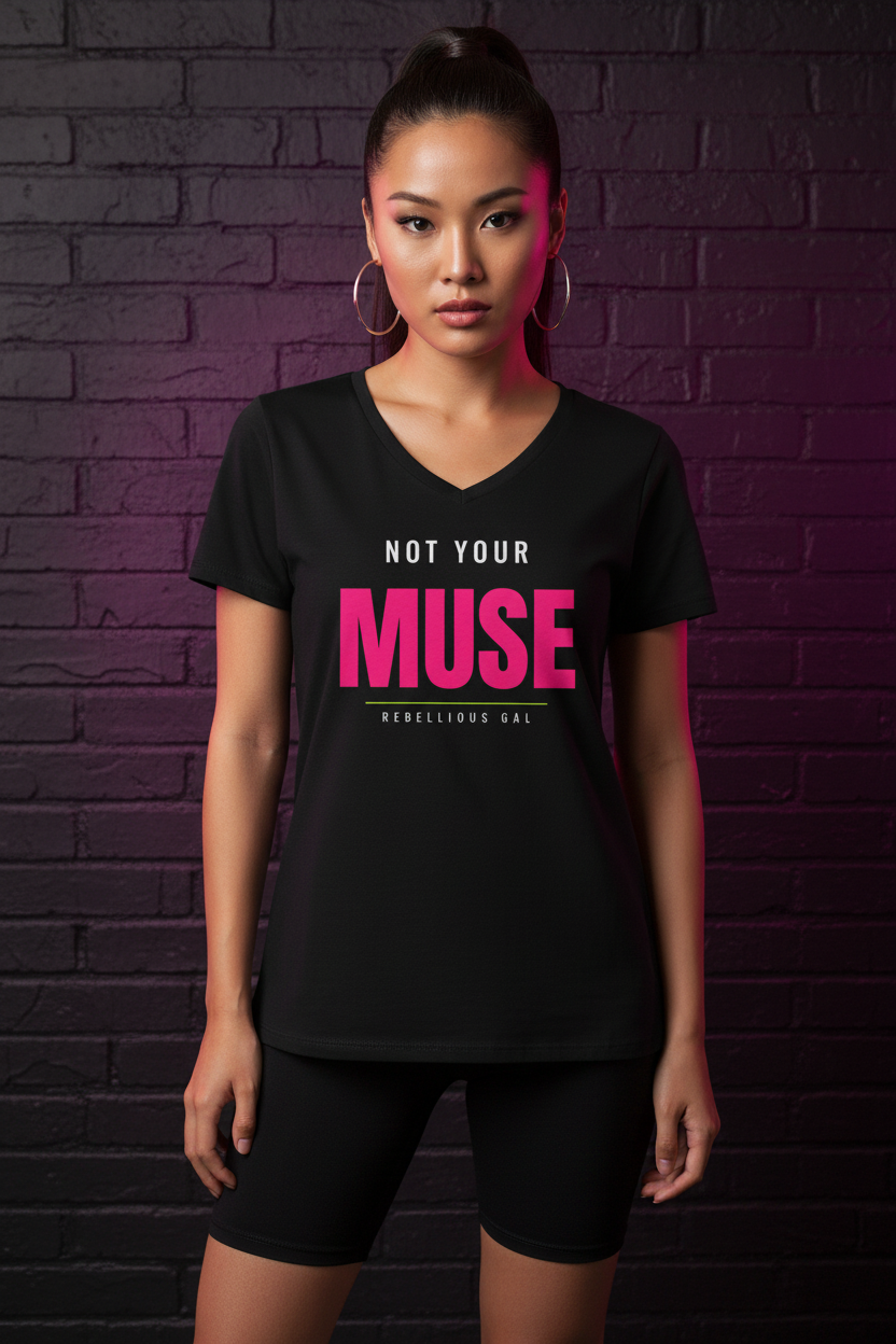 Ponytailed woman in the black Not Your Muse V-neck tee and bike shorts, dark brick wall