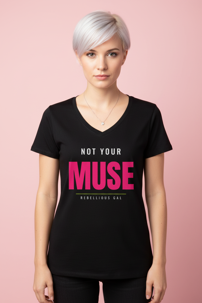Woman with a platinum pixie cut in the black Not Your Muse V-neck tee and pendant