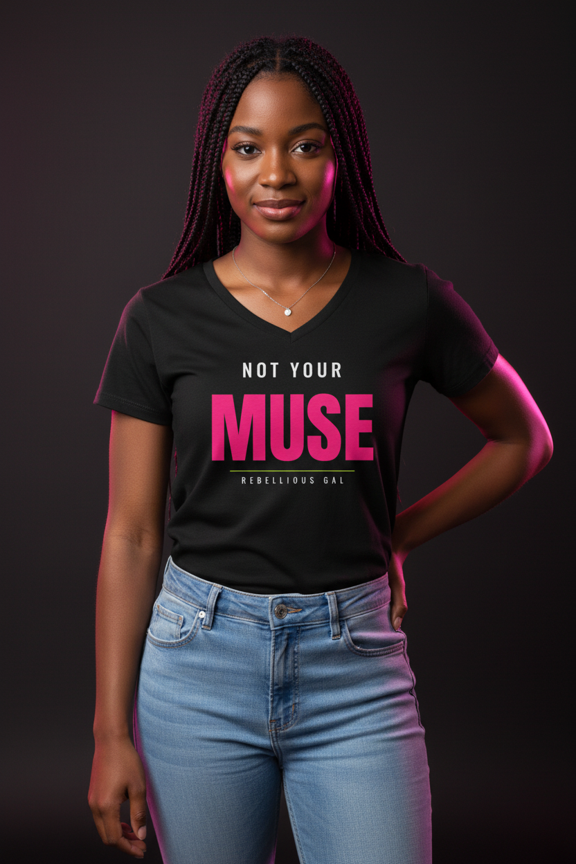 Woman with long braids in the black Not Your Muse V-neck tee and a silver pendant