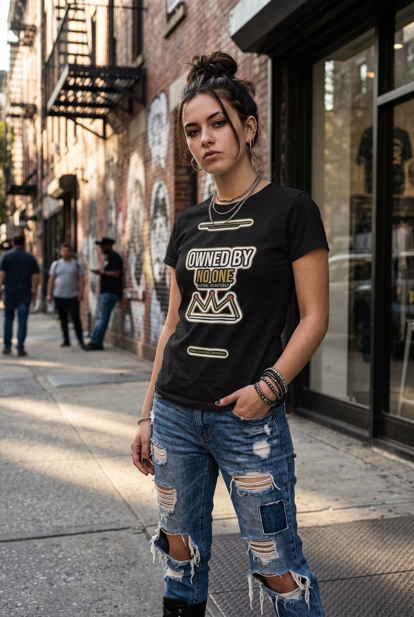A woman stands on a city sidewalk wearing a black graphic T-shirt with the text 'OWNED BY NO ONE' and distressed blue jeans.