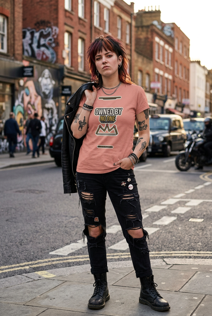 A person standing on a city street wearing a peach-pink graphic T-shirt with the text 'OWNED BY NOONE', black distressed jeans, black boots, and carrying a black jacket over one shoulder.