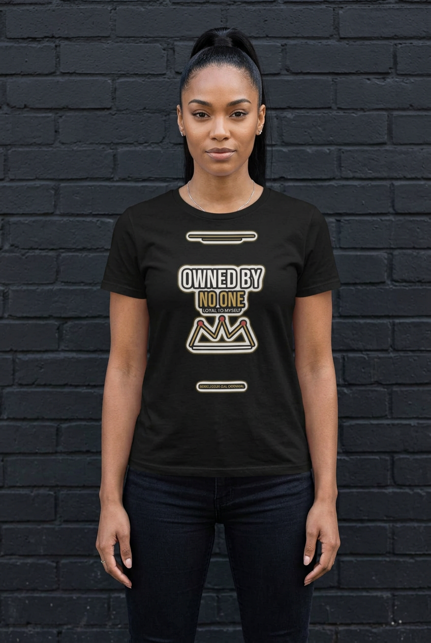 Woman in the black Owned By No One crew tee against a dark brick wall