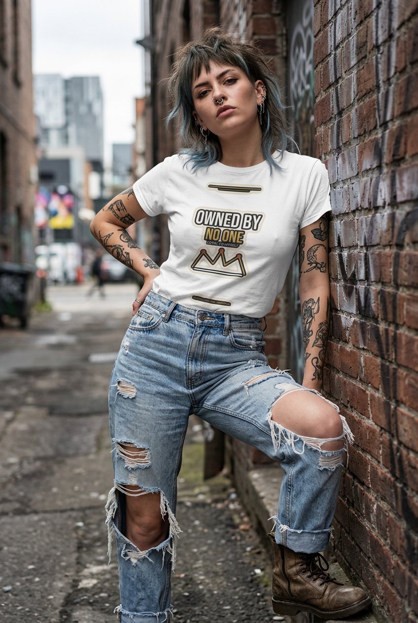A woman with blue-tinted hair stands in a city alleyway, leaning against a brick wall. She is wearing a white graphic t-shirt with 'OWNED BY NOONE' and a mountain logo, paired with distressed light-wash jeans and brown boots.