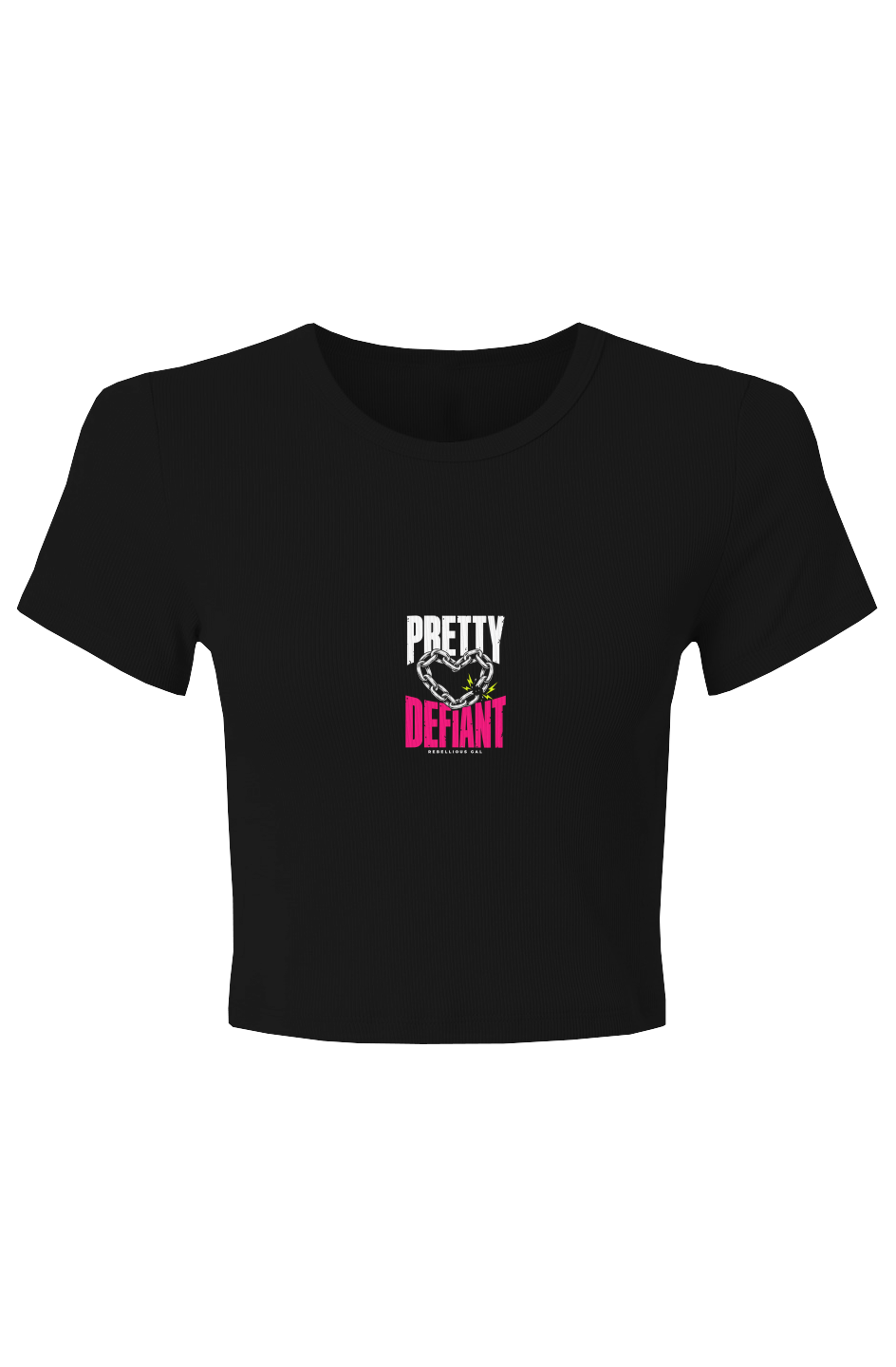 Black baby rib crop tee with Pretty Defiant lettering around a silver chain heart