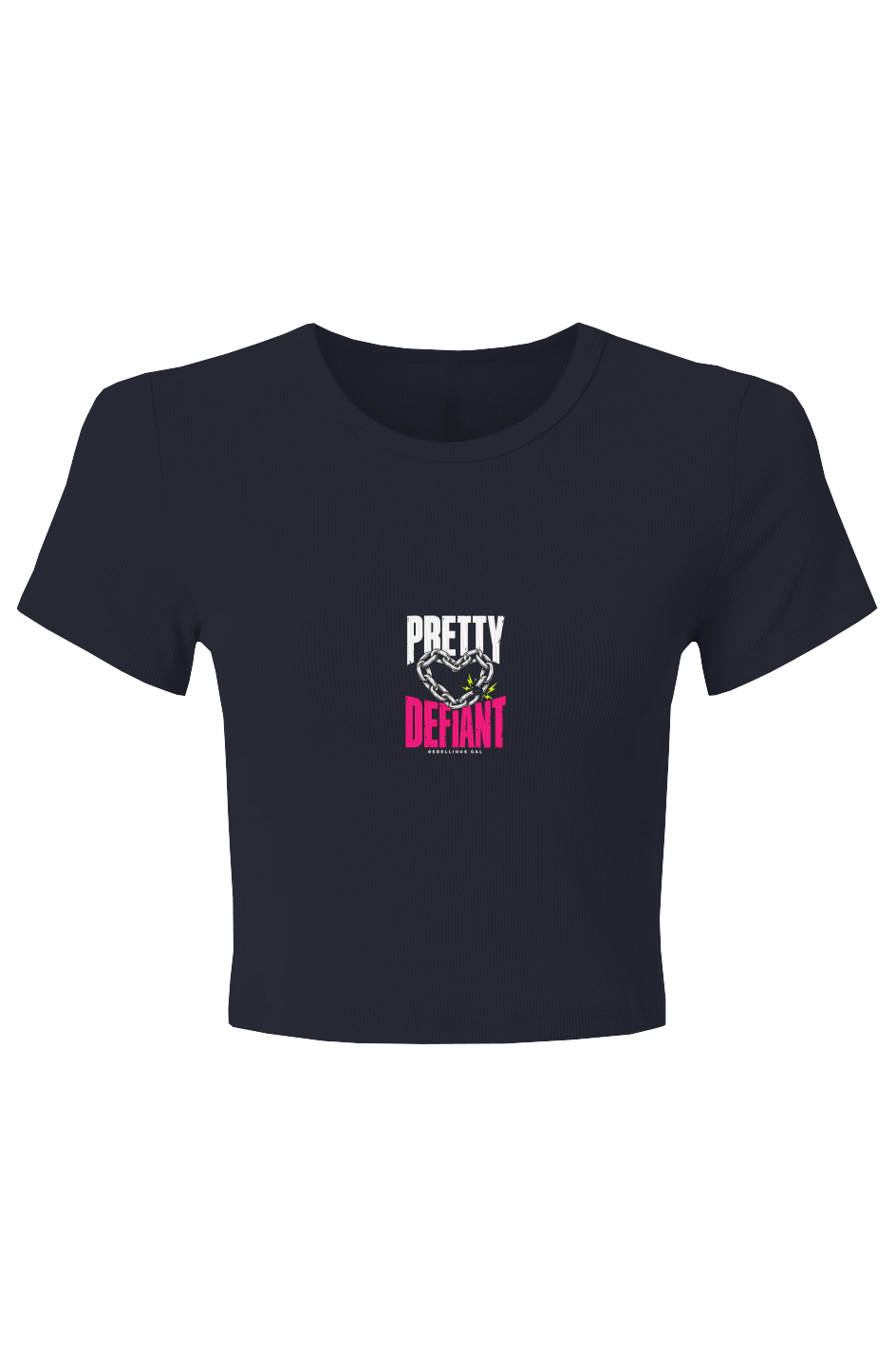 Navy baby rib crop tee with Pretty Defiant lettering around a silver chain heart