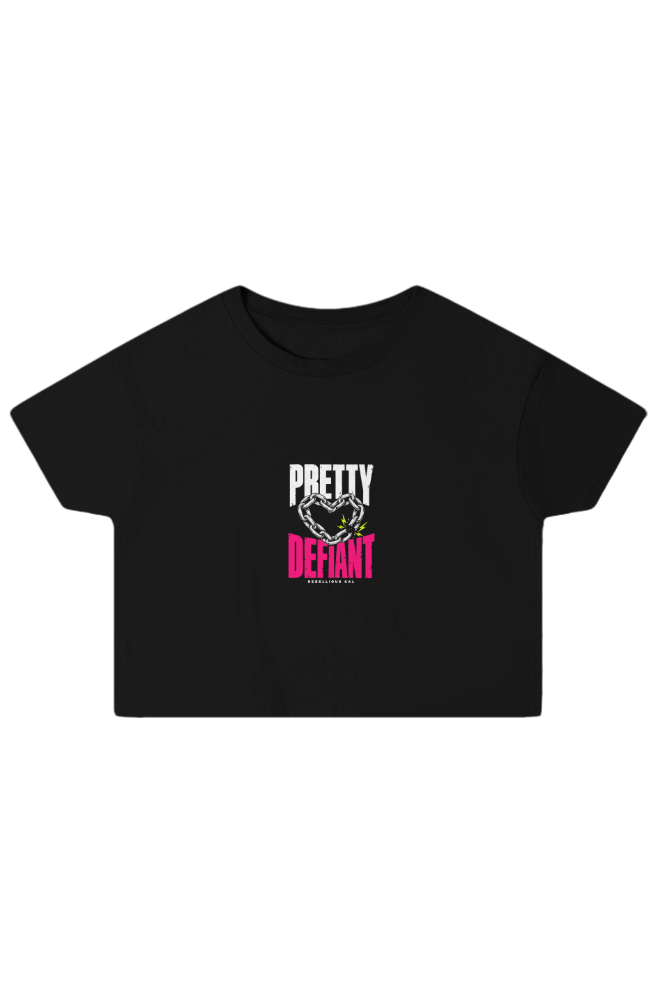 Black boxy crop top with Pretty Defiant lettering around a silver chain heart