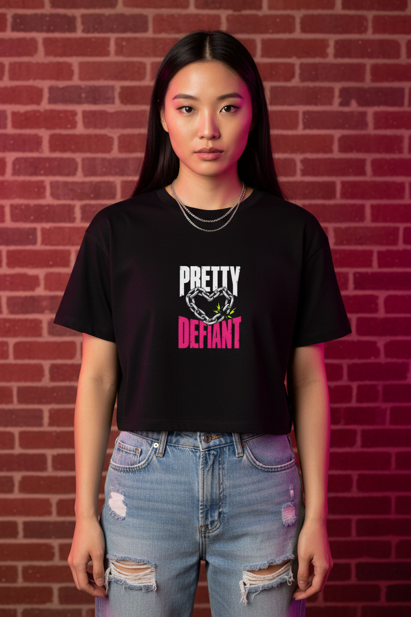 Woman with long straight hair in the black Pretty Defiant boxy crop top, brick wall