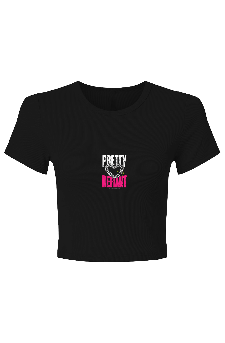 Black baby rib crop tee with faded Pretty Defiant lettering around a silver chain heart