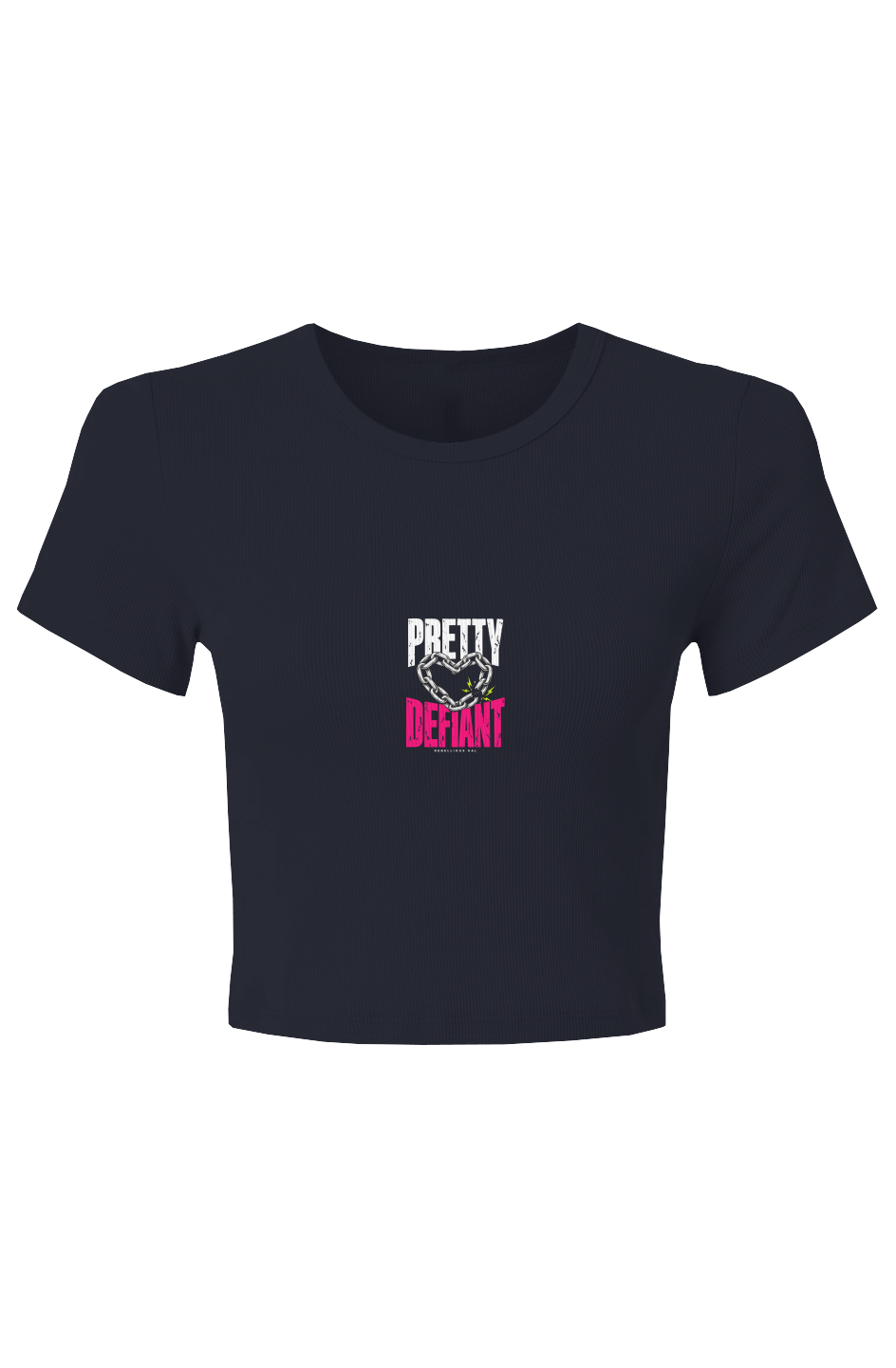 Navy baby rib crop tee with faded Pretty Defiant lettering around a silver chain heart