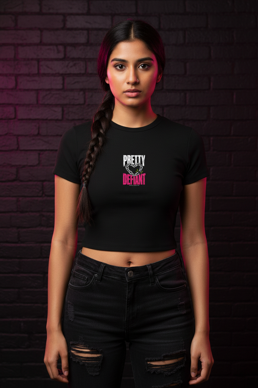Braided woman in the black Pretty Defiant Faded baby rib crop tee at a brick wall