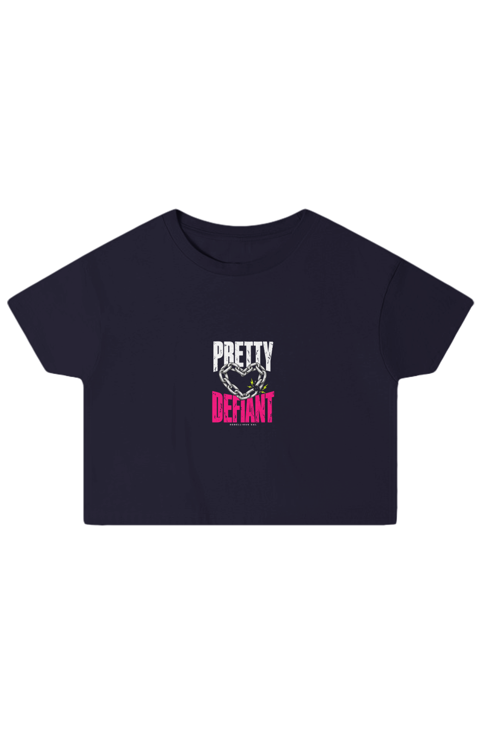 Navy boxy crop top with faded Pretty Defiant lettering around a silver chain heart
