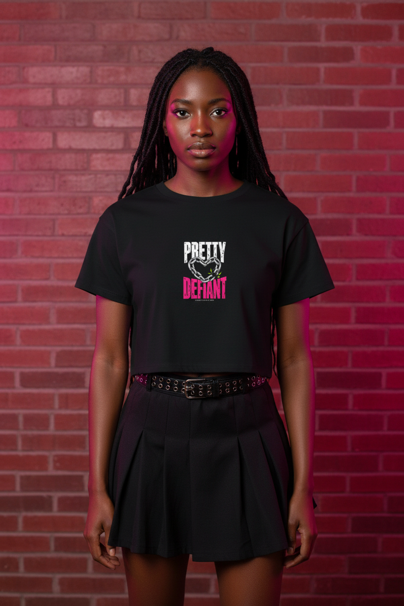 Woman with long locs in the black Pretty Defiant Faded boxy crop top, pink brick wall