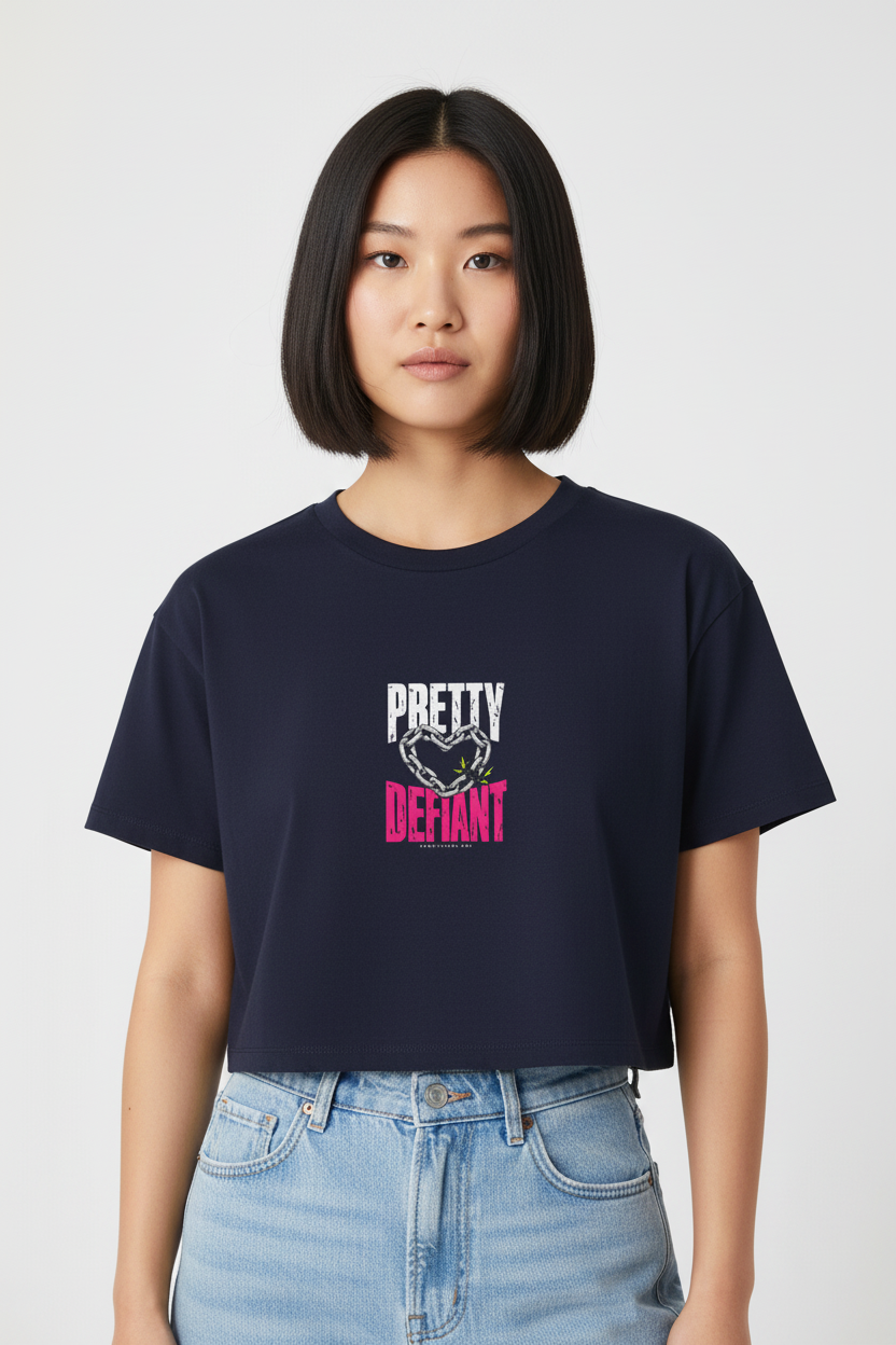 Woman with a short black bob in the navy Pretty Defiant Faded boxy crop top