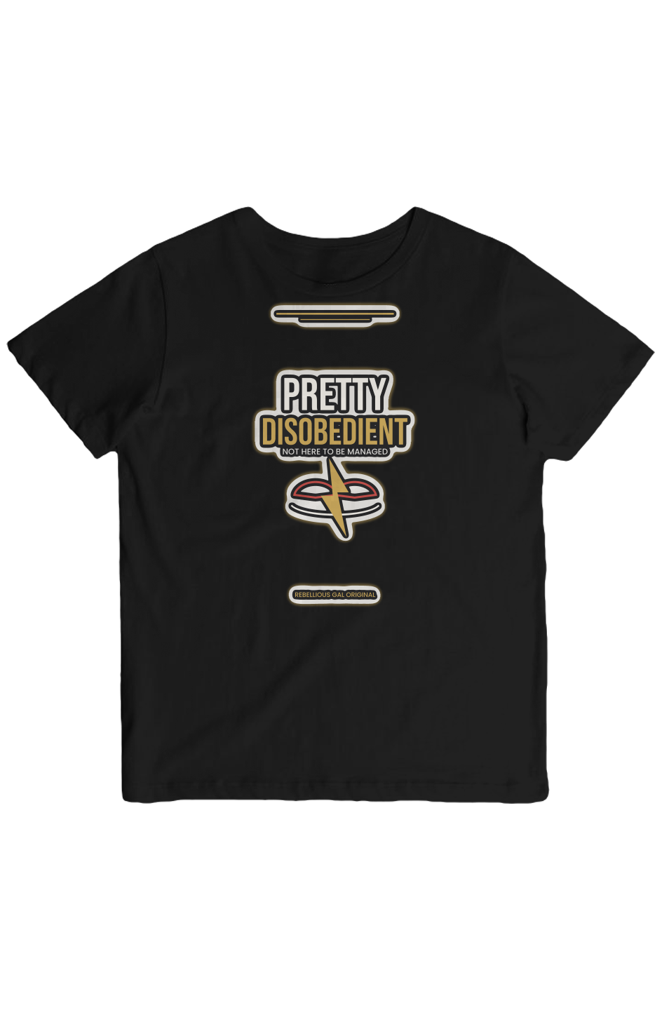 Black crew tee printed PRETTY DISOBEDIENT in cream and gold with a lightning bolt crest