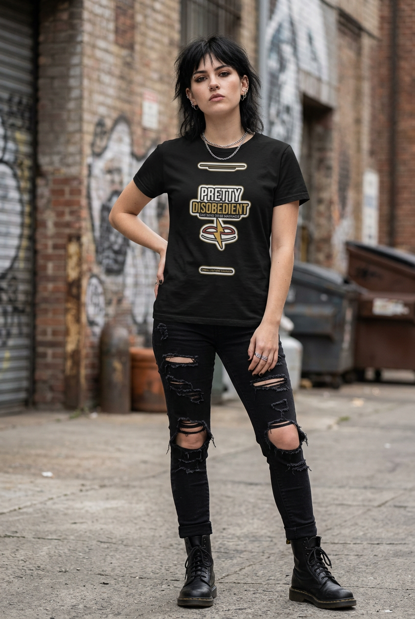 A woman with long dark hair stands against a dark brick wall wearing a black graphic t-shirt with a gold and white 'PRETTY DISOBEDIENT' design, paired with black jeans.