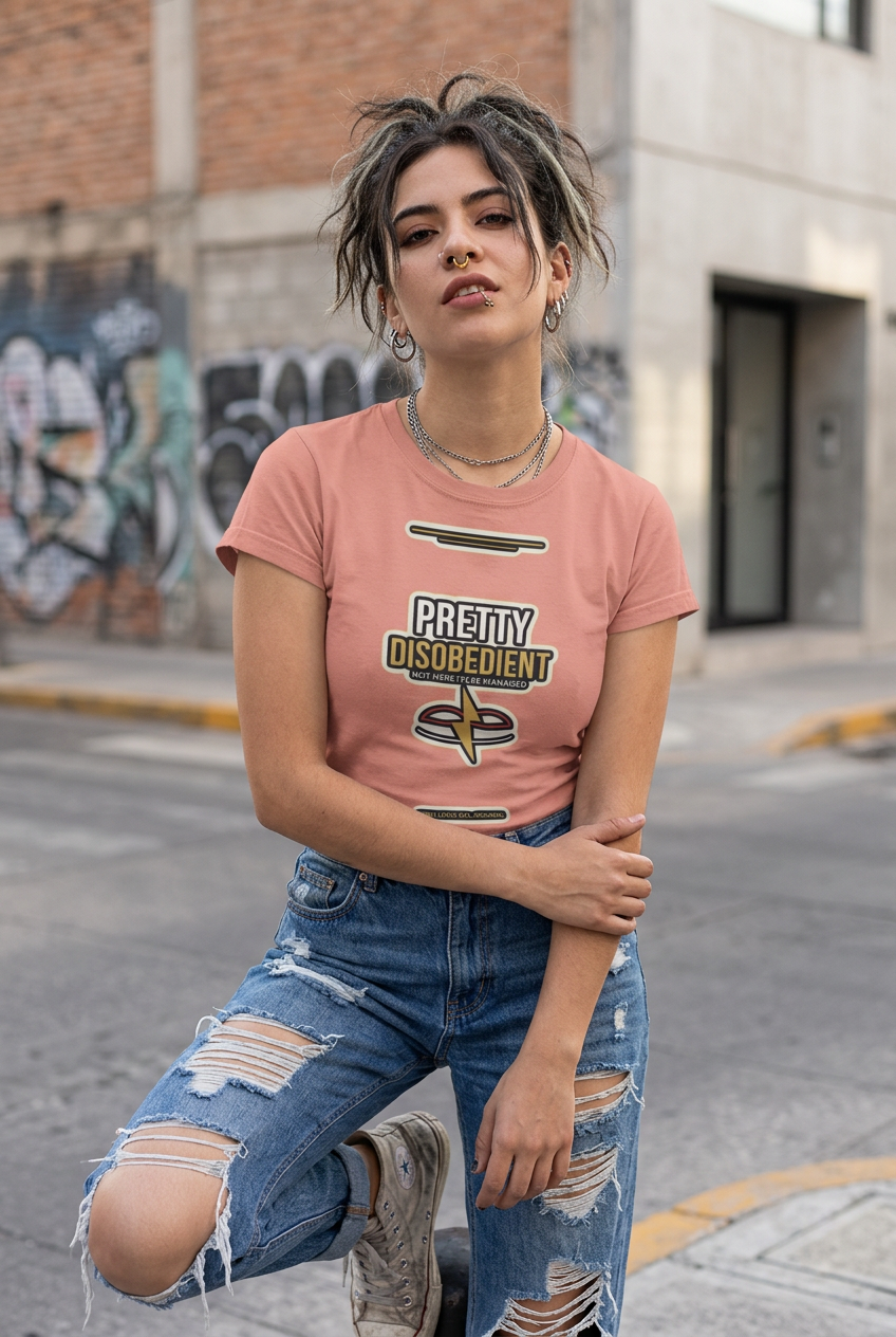 A woman posing in a city street wearing a dusty pink graphic t-shirt with the text 'PRETTY DISOBEDIENT' and distressed blue jeans.