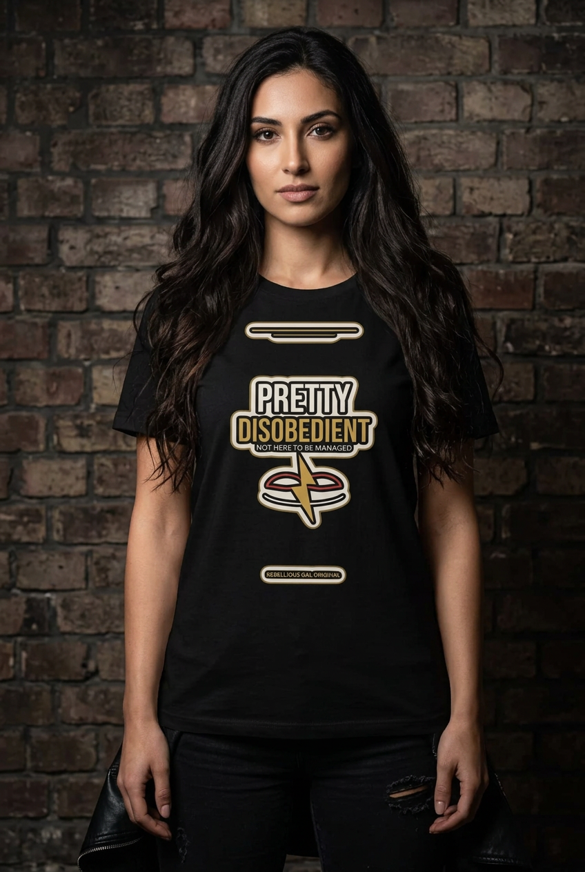 Woman in black Pretty Disobedient graphic tee standing against a textured dark brick wall