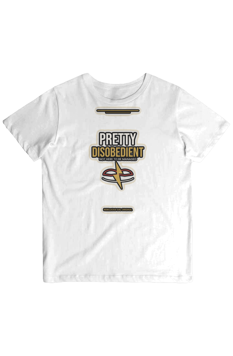 White crew tee printed PRETTY DISOBEDIENT in cream and gold with a lightning bolt crest