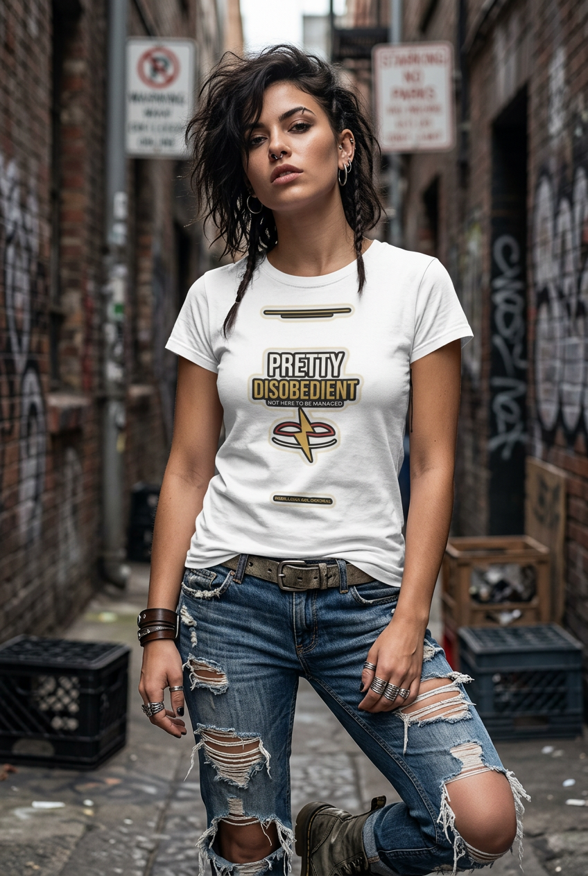 A woman posing in a graffiti-covered alley wearing a white graphic t-shirt with the text 'PRETTY DISOBEDIENT' and a gold star logo, paired with ripped blue jeans.