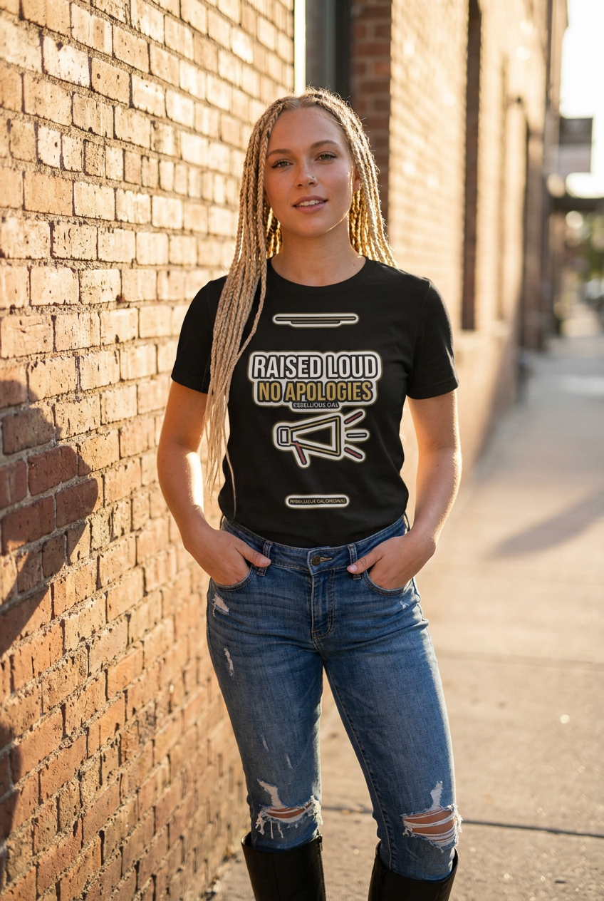 A woman with long blonde braids stands against a brick wall wearing a black graphic t-shirt that reads 'RAISED LOUD NO ACOUSTICS' with a megaphone illustration, paired with distressed blue jeans and black knee-high socks.