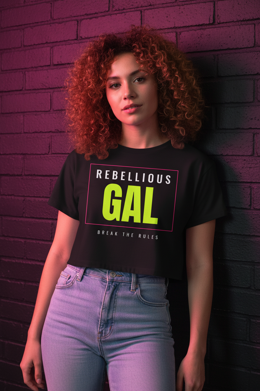 Woman with curly auburn hair in the black Rebellious Gal logo boxy crop top, brick wall