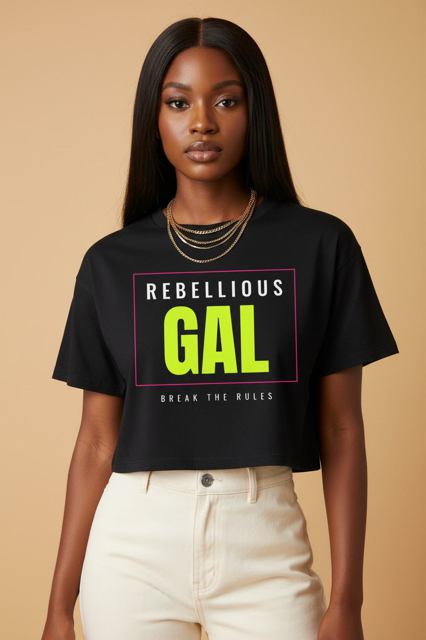 Woman with long straight hair in the black Rebellious Gal logo boxy crop top, gold chains