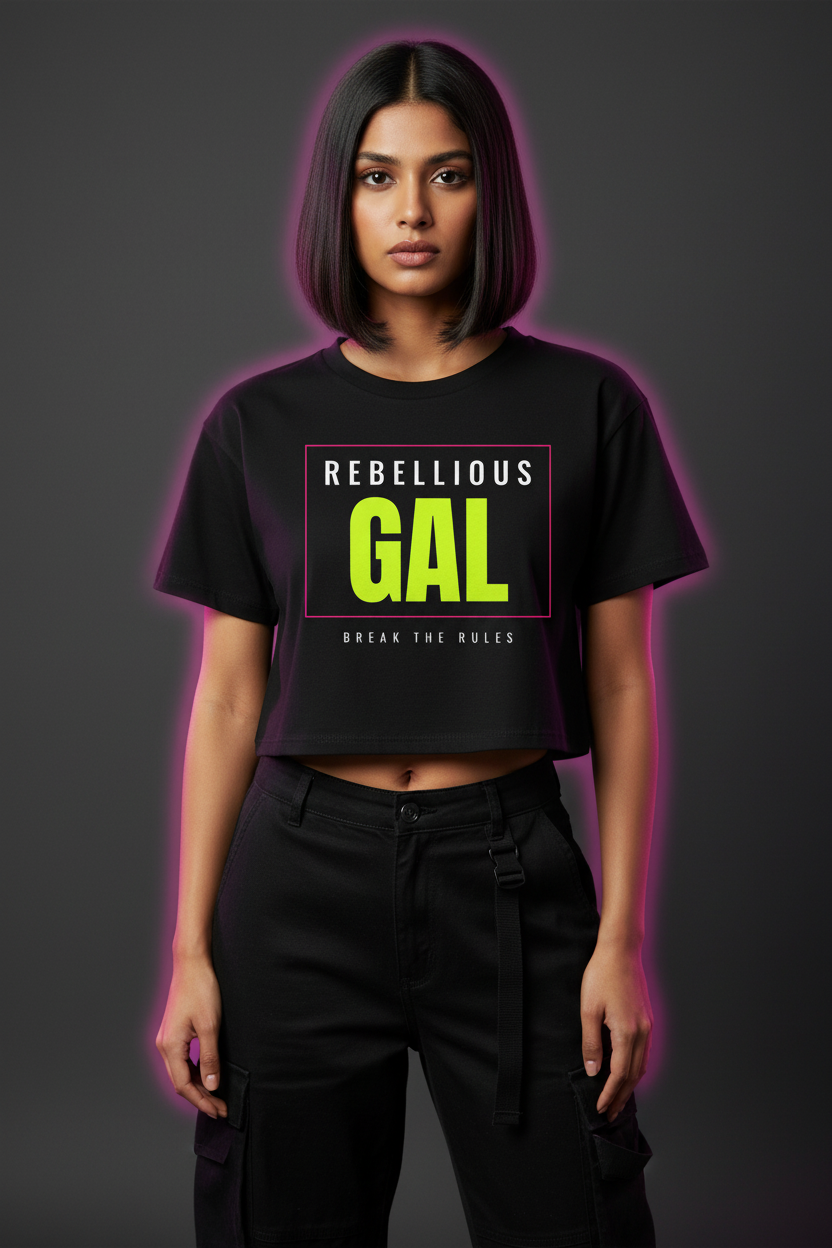 Woman with a sleek bob in the black Rebellious Gal logo boxy crop top and cargos