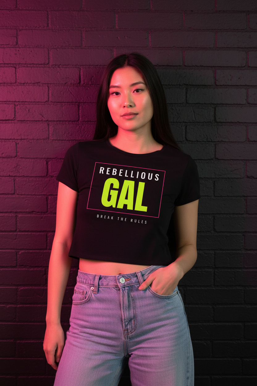 Woman with long black hair in the black Rebellious Gal logo fitted crop tee, brick wall