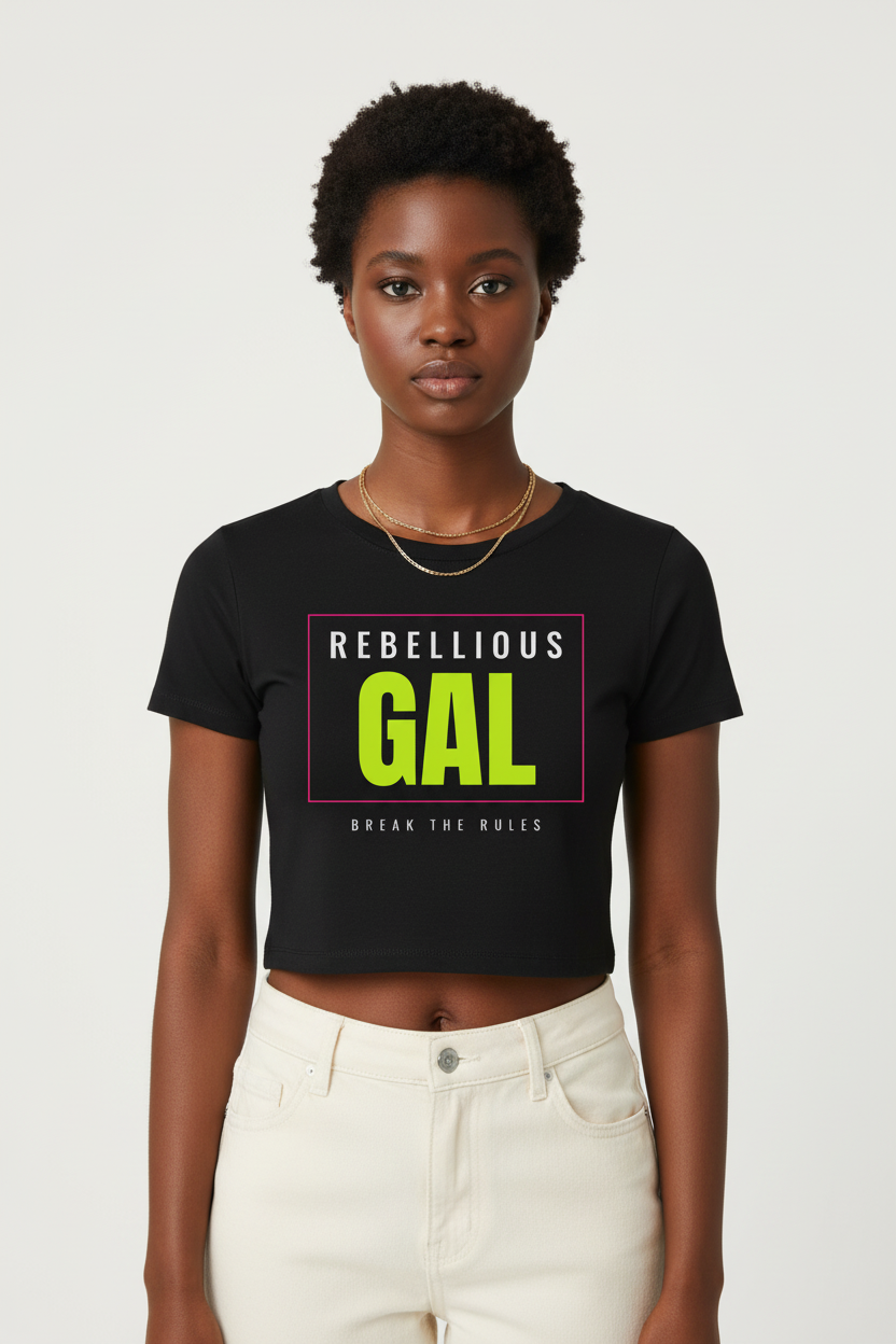 Woman with short curls in the black Rebellious Gal logo fitted crop tee and gold chain