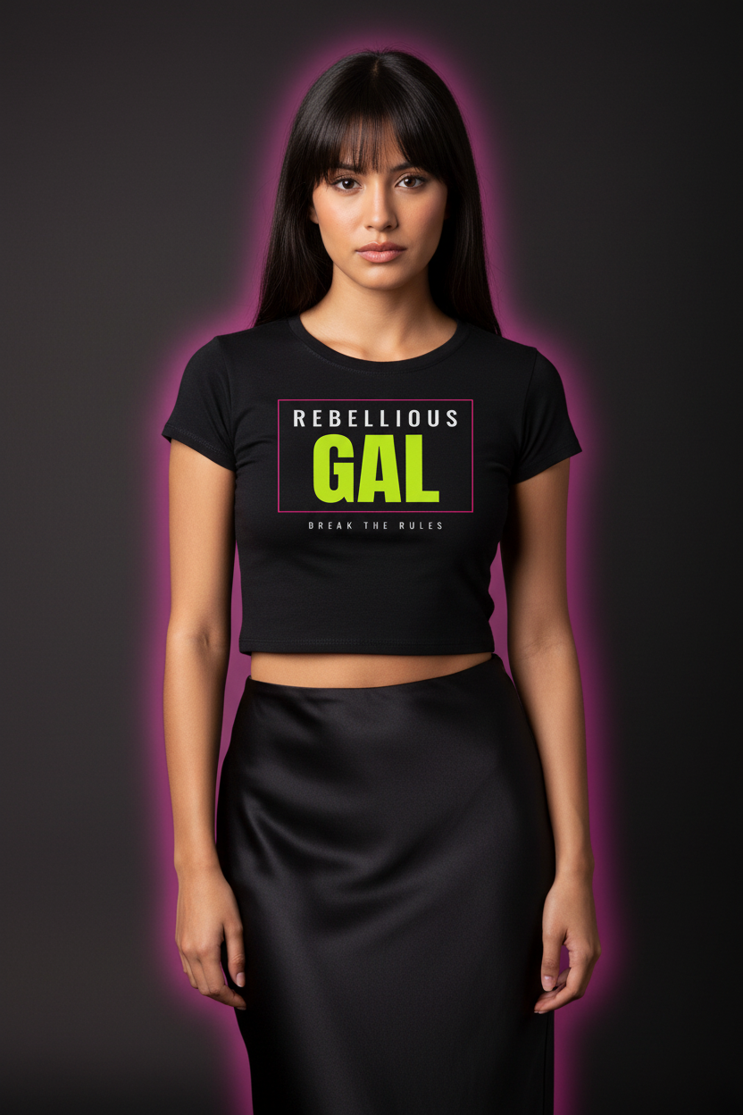 Woman with bangs in the black Rebellious Gal logo fitted crop tee and satin midi skirt