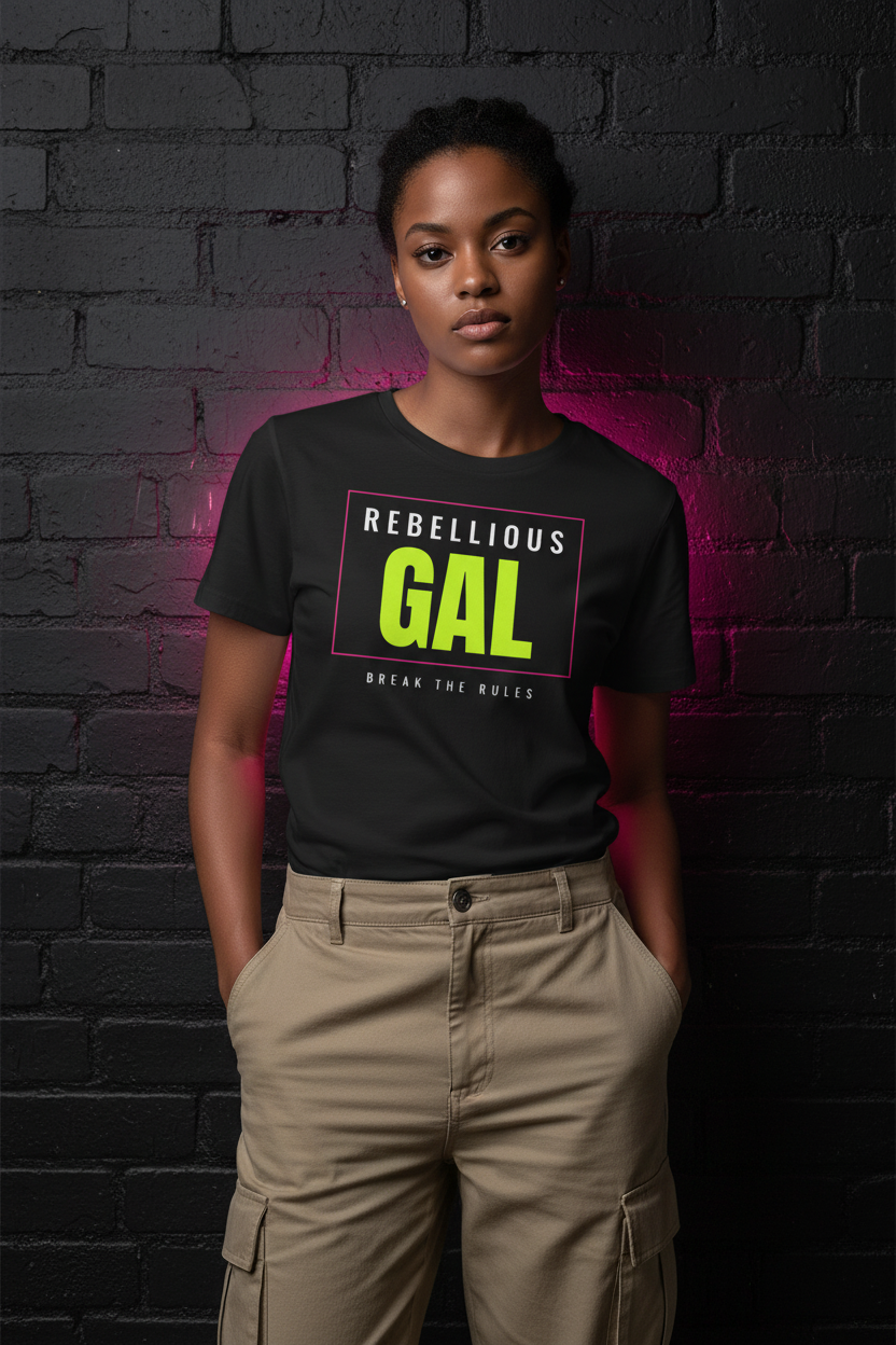 Woman with short twists in the black Rebellious Gal logo crew neck tee, dark brick wall