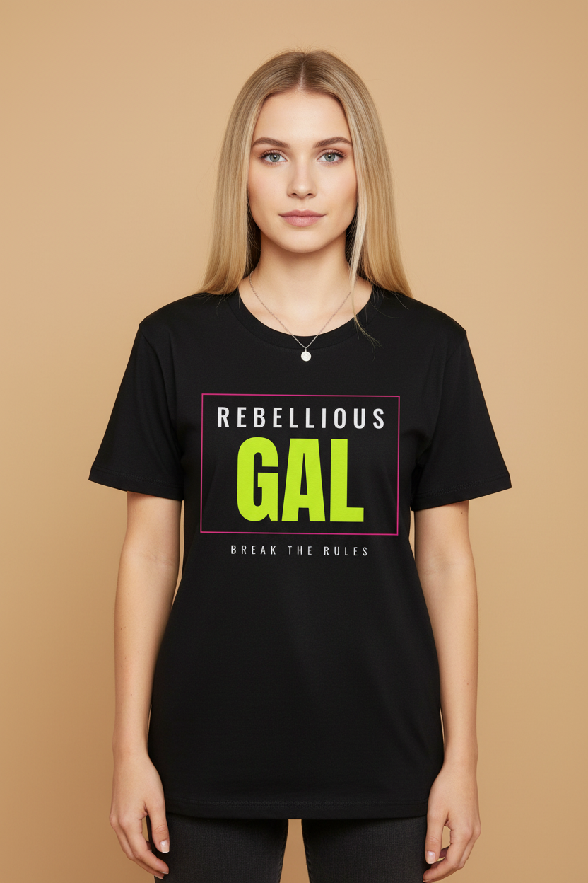 Blonde woman in the black Rebellious Gal logo crew neck tee with a silver pendant necklace
