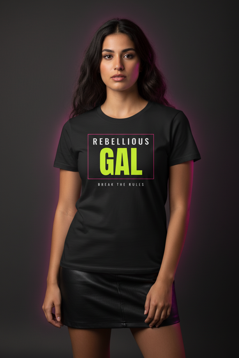 Woman with long dark waves in the black Rebellious Gal logo crew neck tee, leather skirt