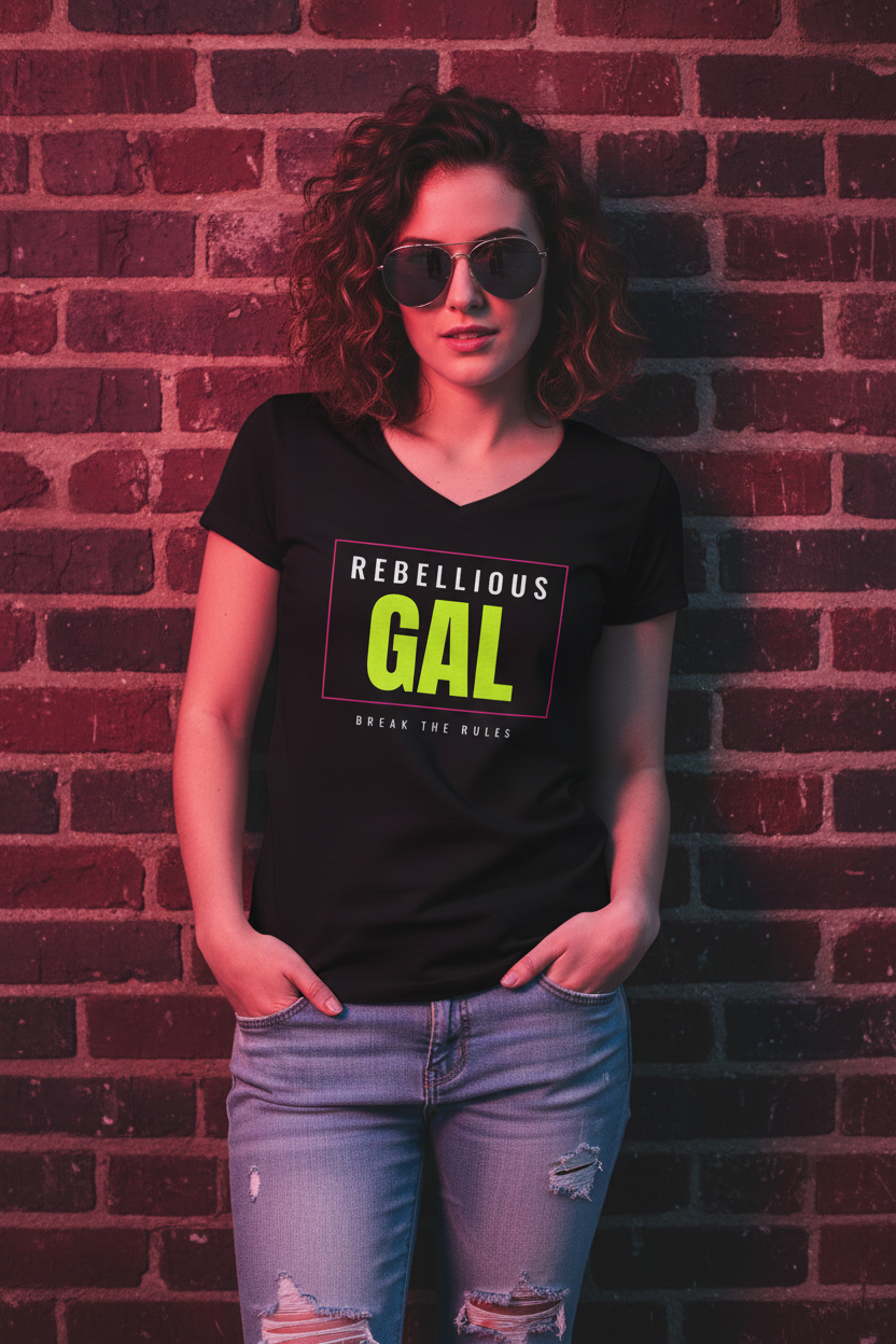 Woman in aviator sunglasses and the black Rebellious Gal logo V-neck tee by a brick wall