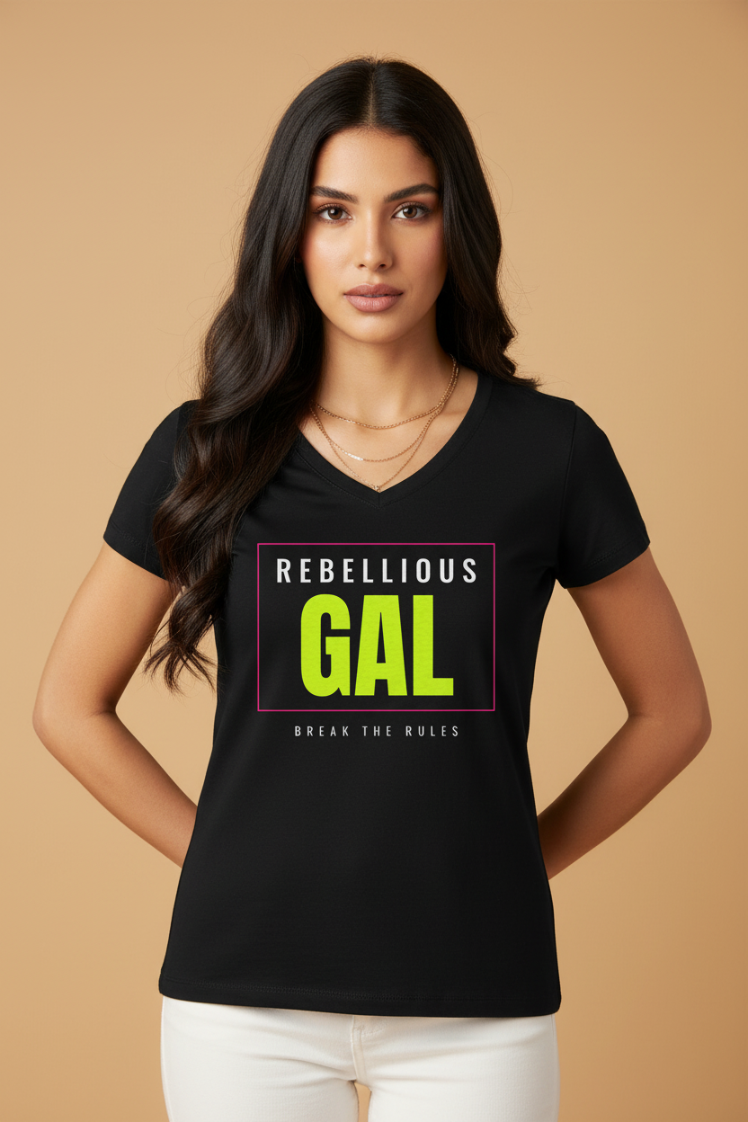 Woman with long dark hair in the black Rebellious Gal logo V-neck tee and gold chains