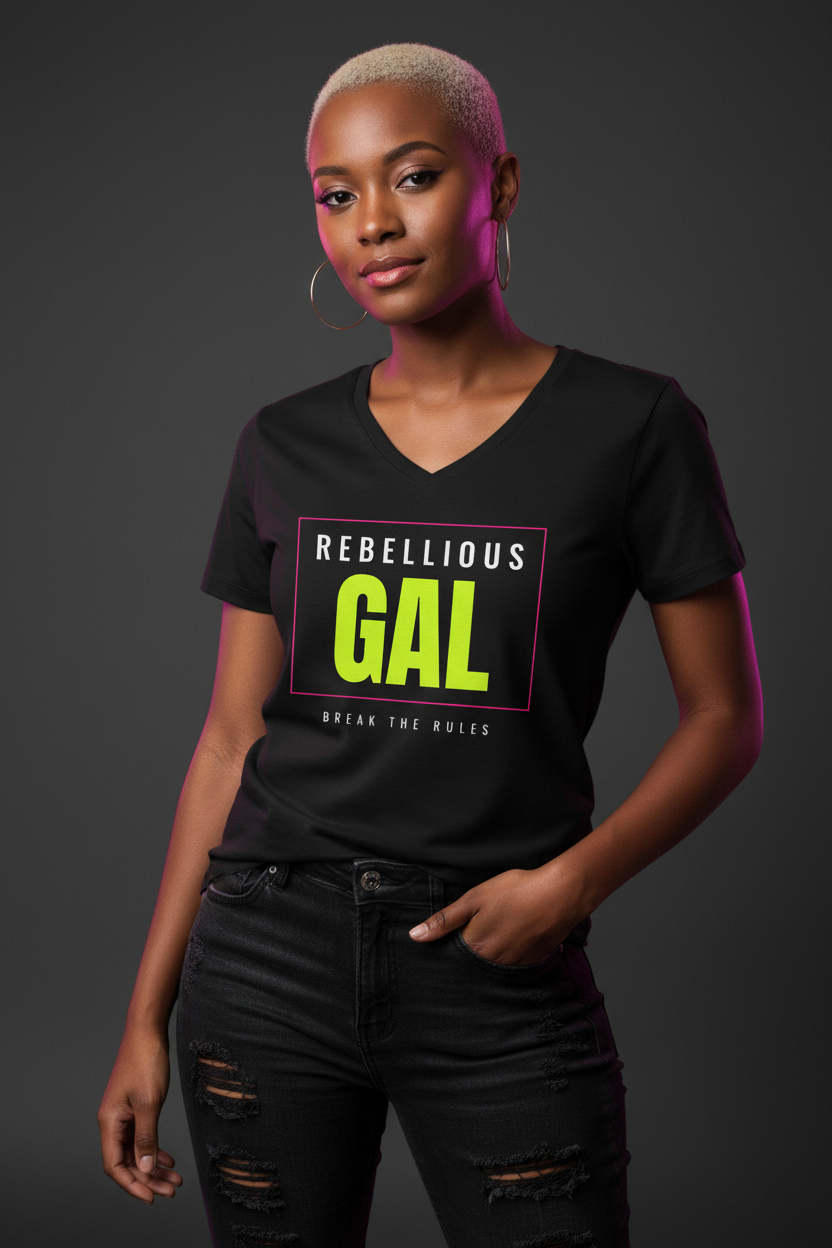 Woman with a bleached buzz cut in the black Rebellious Gal logo V-neck tee, ripped jeans