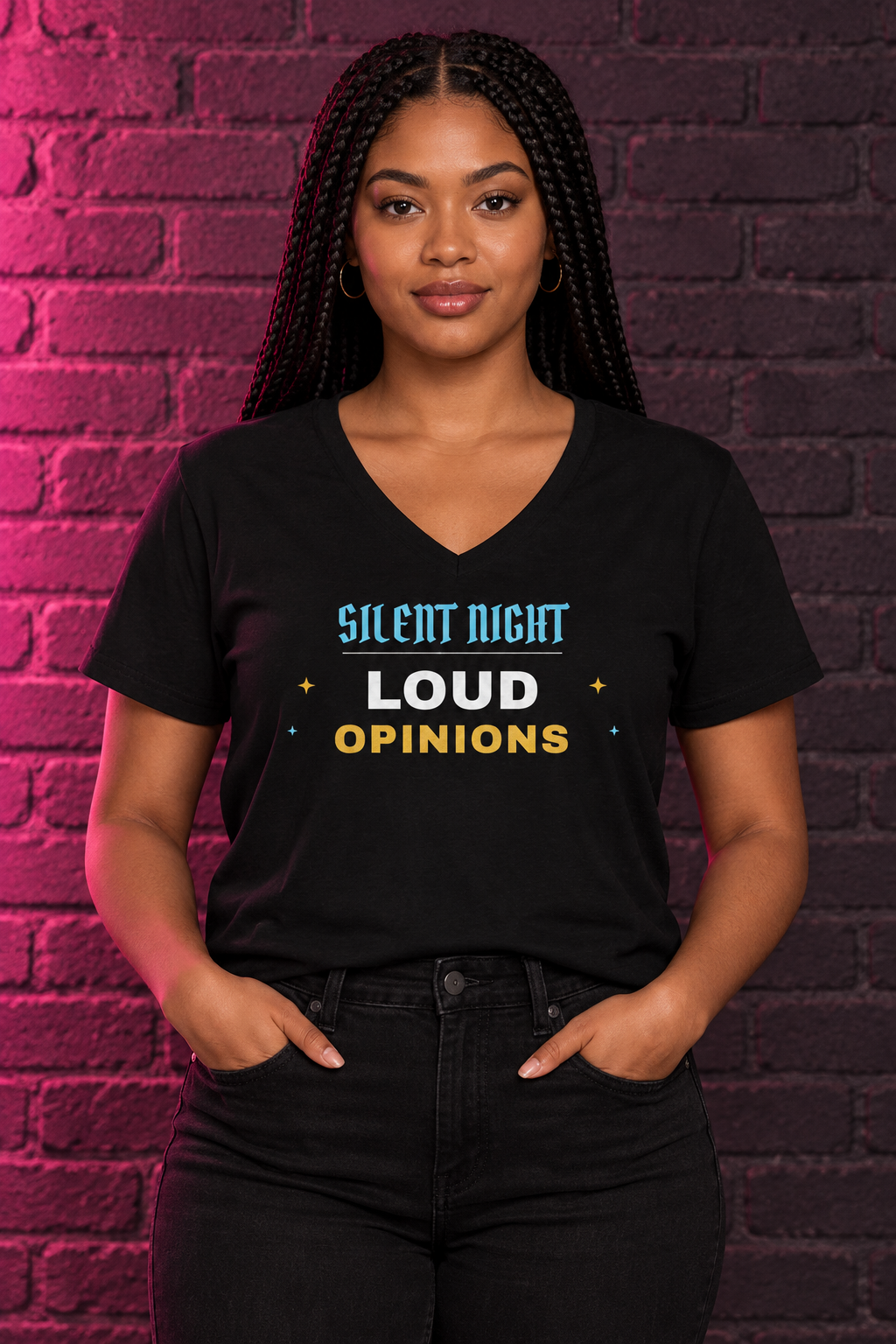 Woman with long braids in the black Silent Night Loud Opinions V-neck tee, brick wall