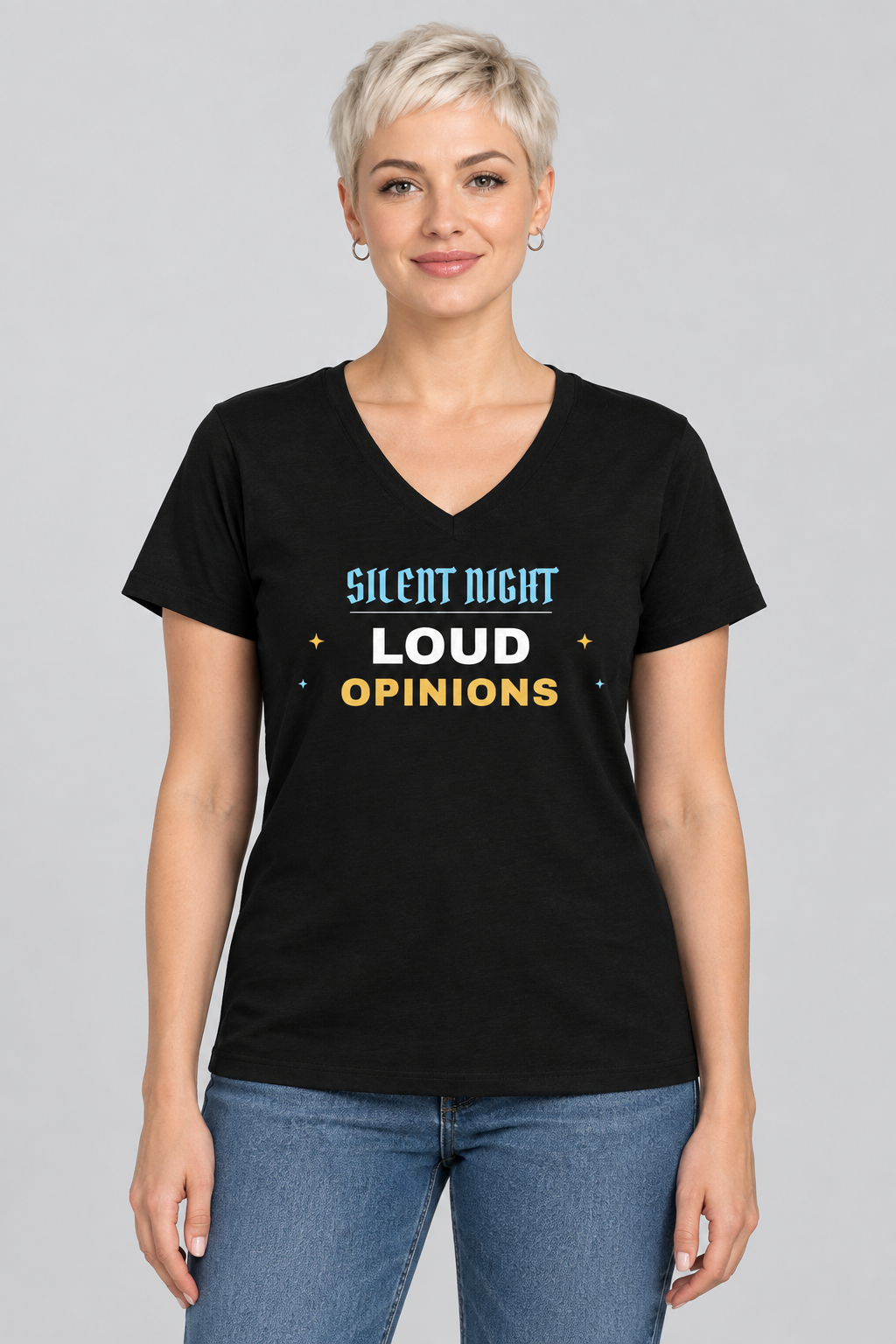 Woman with a platinum crop in the black Silent Night Loud Opinions V-neck tee, studio