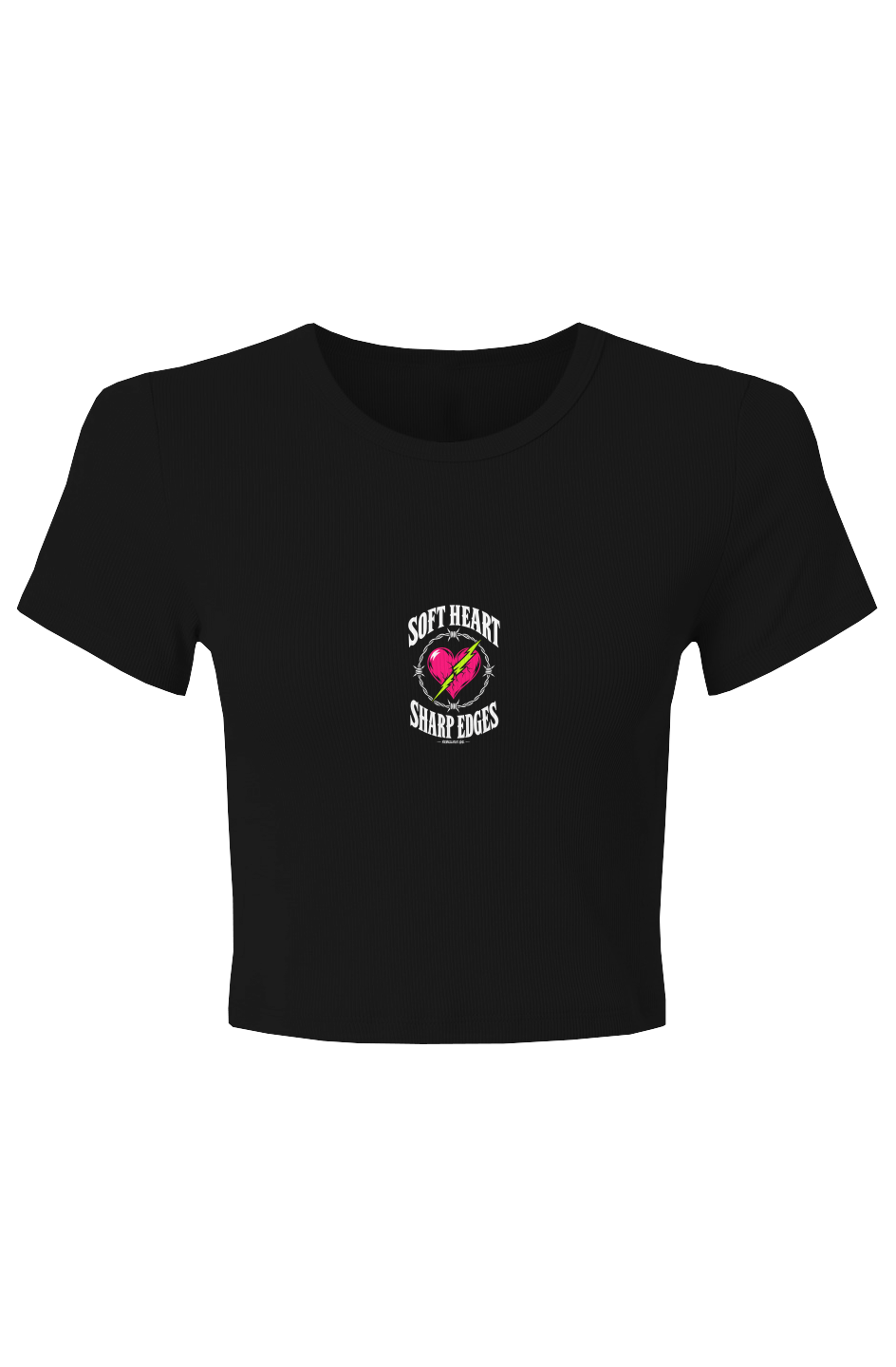 Black baby rib crop tee with the Soft Heart Sharp Edges barbed wire heart print