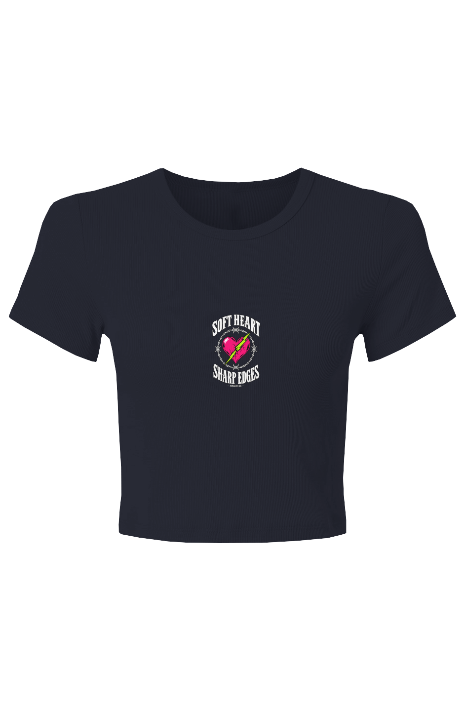 Navy baby rib crop tee with the Soft Heart Sharp Edges barbed wire heart print