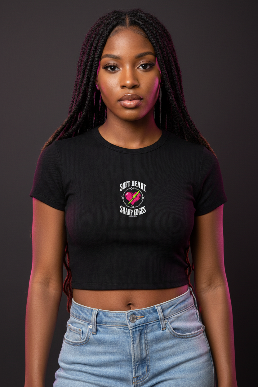 Woman with long locs in the black Soft Heart Sharp Edges baby rib crop tee