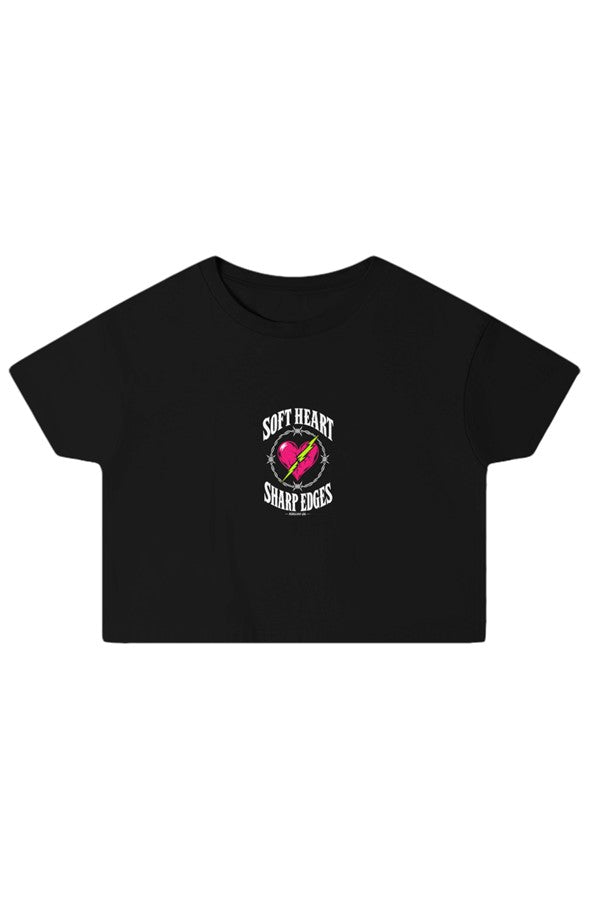 Black boxy crop top with the Soft Heart Sharp Edges pink heart and barbed wire print