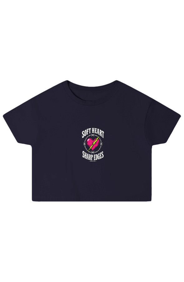 Navy boxy crop top with the Soft Heart Sharp Edges pink heart and barbed wire print