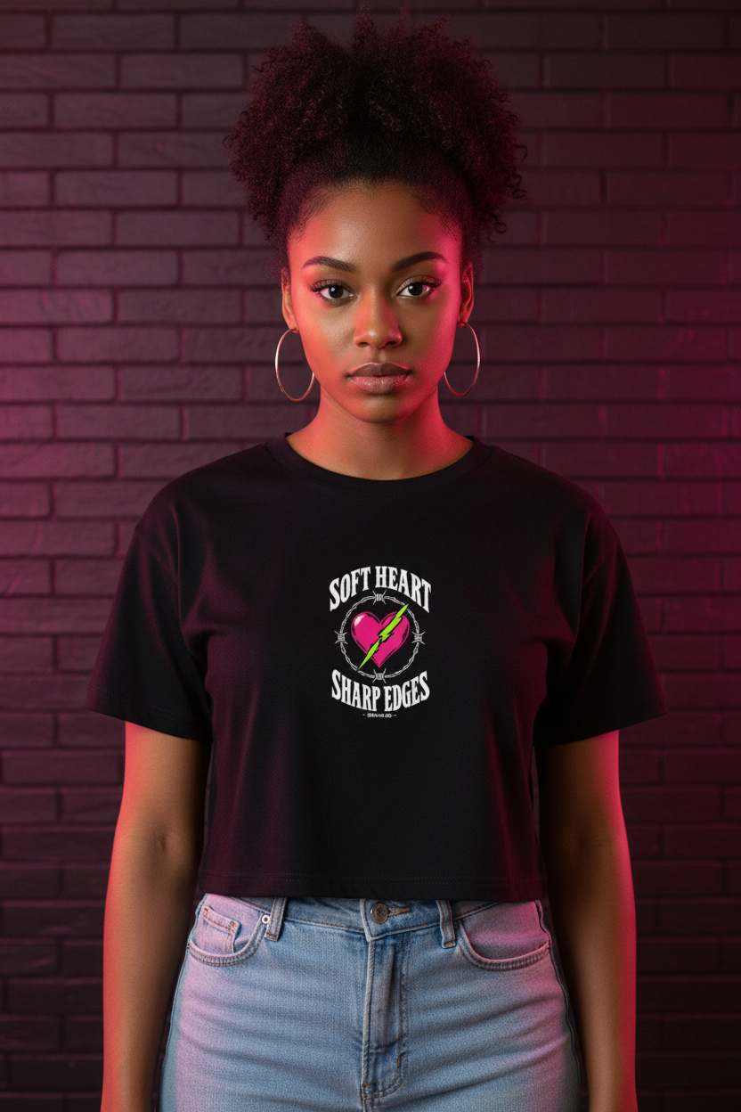 Woman with a high curly ponytail in the black Soft Heart Sharp Edges boxy crop top
