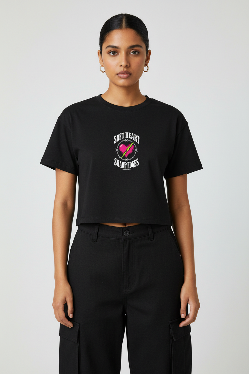 Woman with a sleek bun in the black Soft Heart Sharp Edges boxy crop top