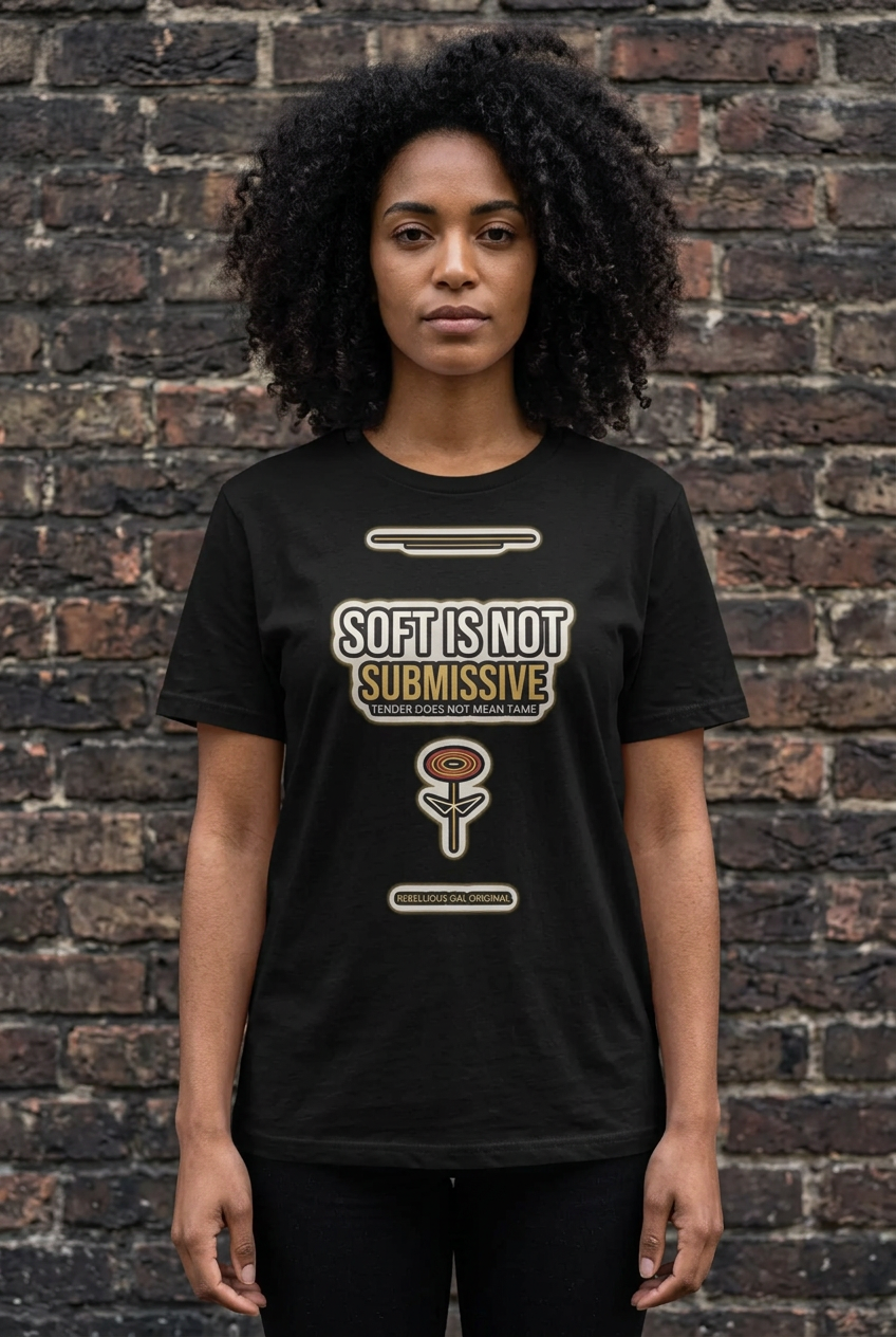 Woman at a dark brick wall wearing the black SOFT IS NOT SUBMISSIVE crew tee