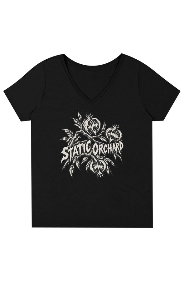Black V-neck tee with STATIC ORCHARD lettering across an engraved pomegranate branch