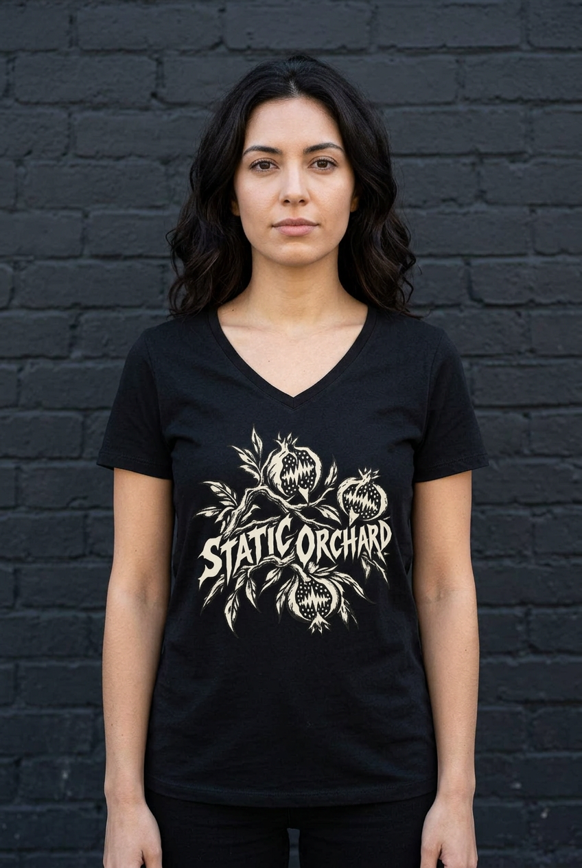 Woman in the black Static Orchard V-neck tee against a dark brick wall